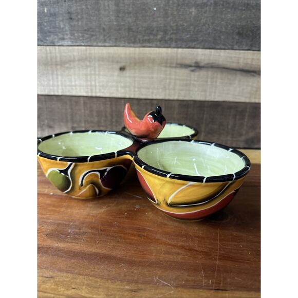 Clay Art Condiment Bowls 3 Section Jalapeño Handle Salsa Chili Pepper - Picture 6 of 7